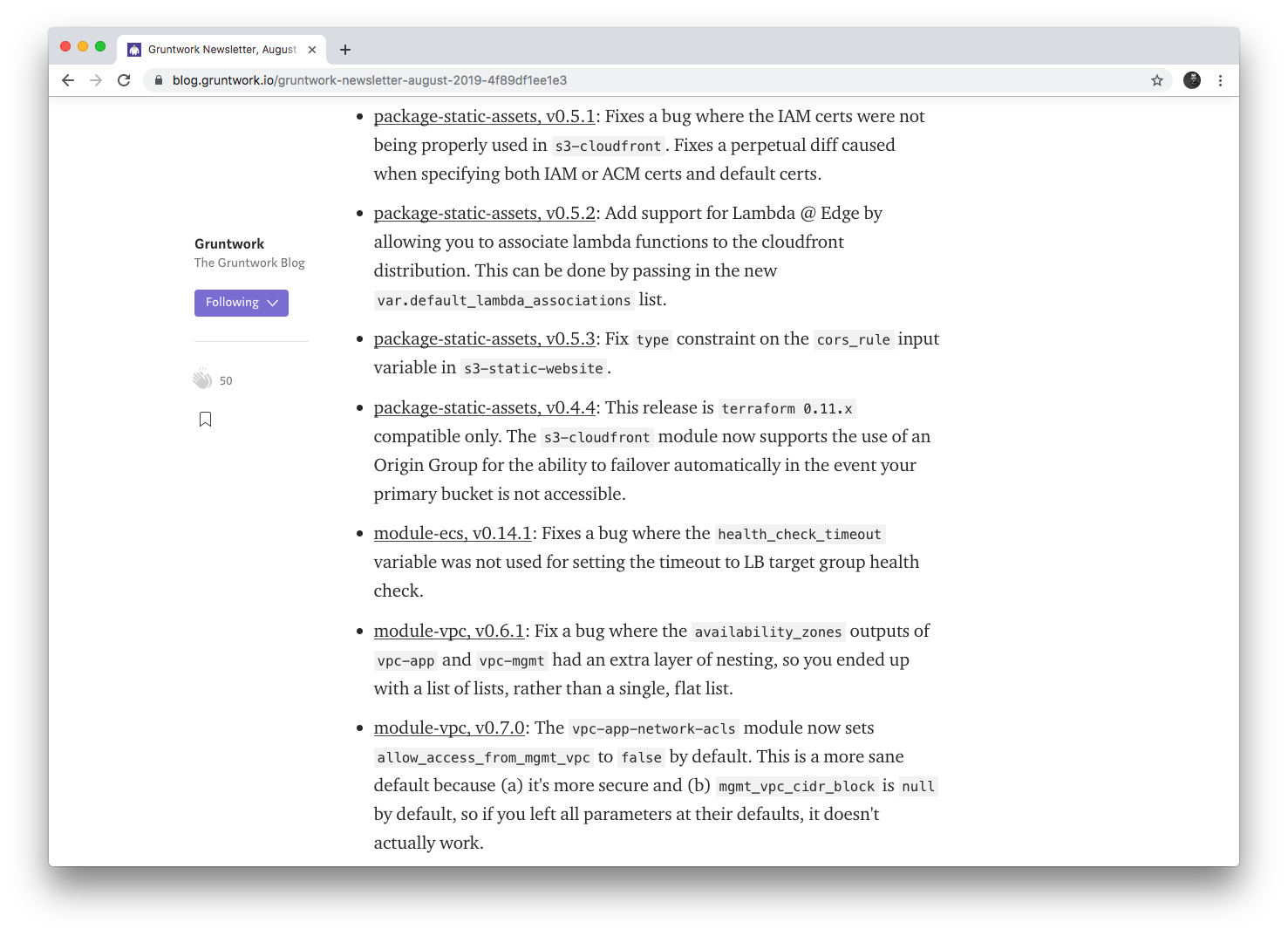 An example of all the versioned updates announced in the monthly Gruntwork Newsletter